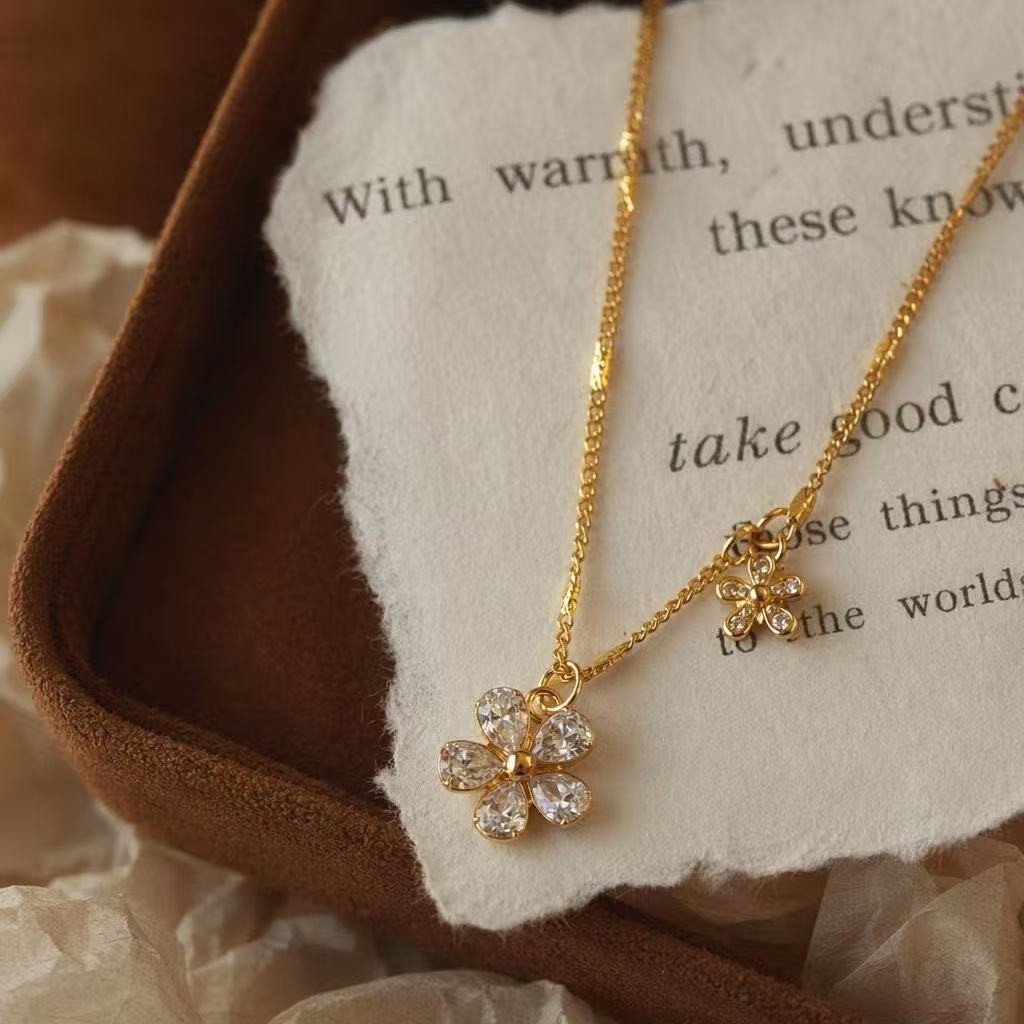 Fashion Woman Gold Plated Cute CZ Sakura Necklace Chain Anti-tarnish