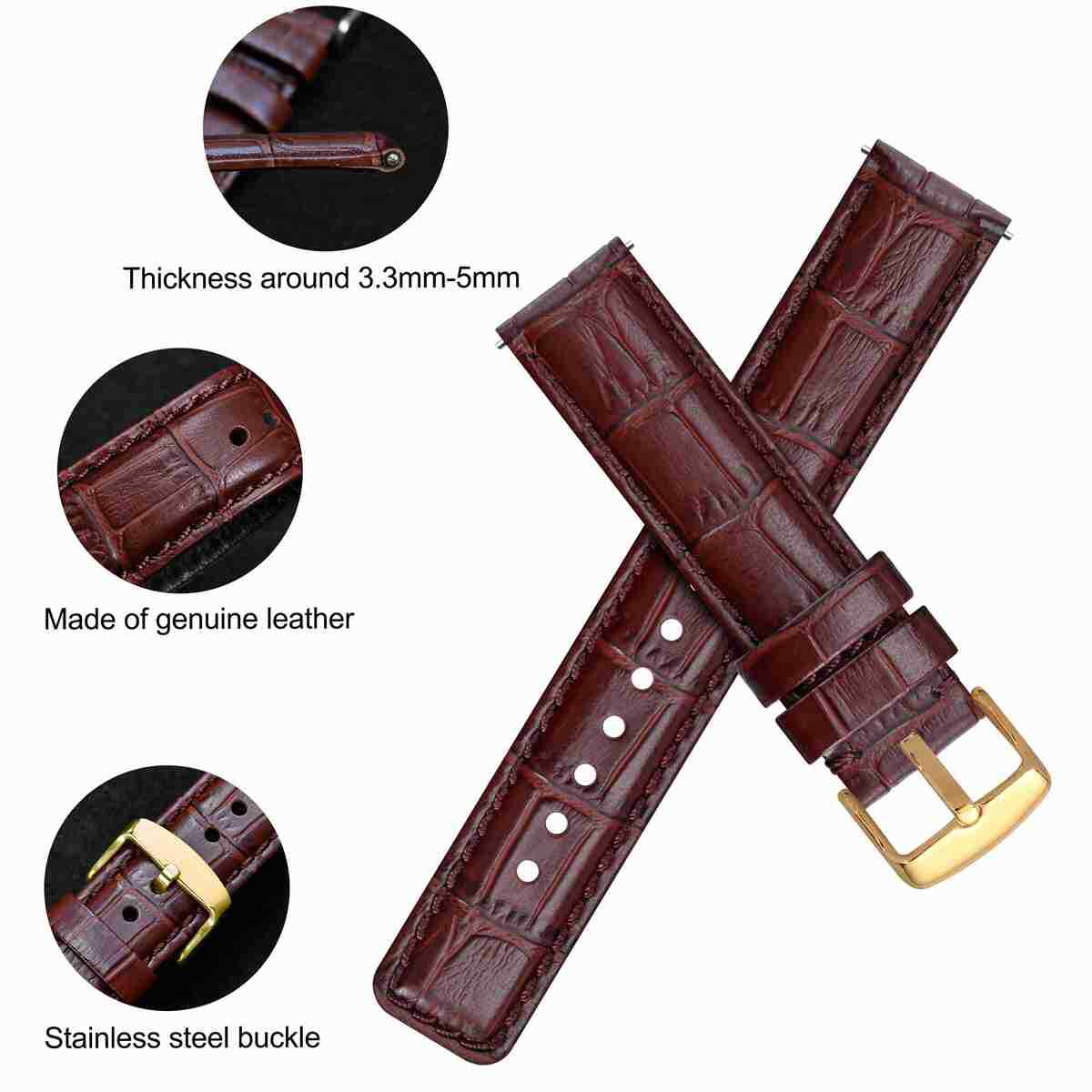 WOCCI Alligator Grain Calfskin Leather Watch Strap 18mm 20mm 22mm 24mm for Men