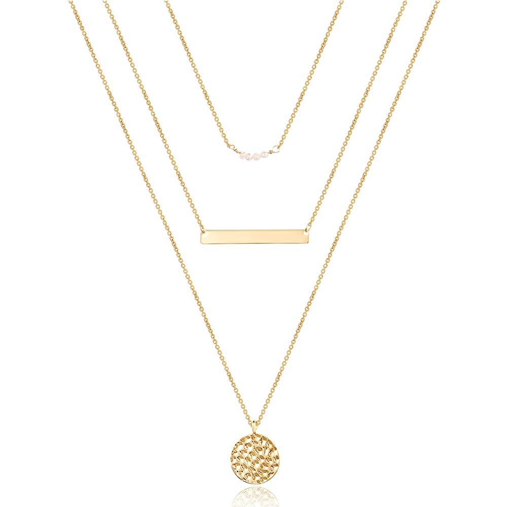 Turandoss 3 Layered 16+18+23 Inch, “3PCS – simulated Pearls&Bar&Hammered Disc