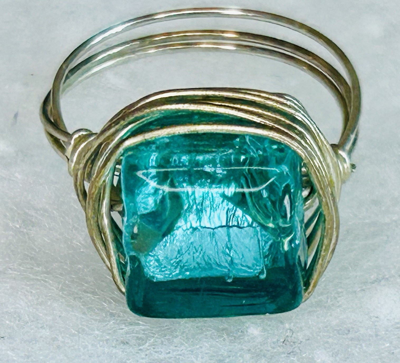 Vintage Artisan Wire Wrapped Aqua Glass Statement Ring (c. 2000s–2010s)