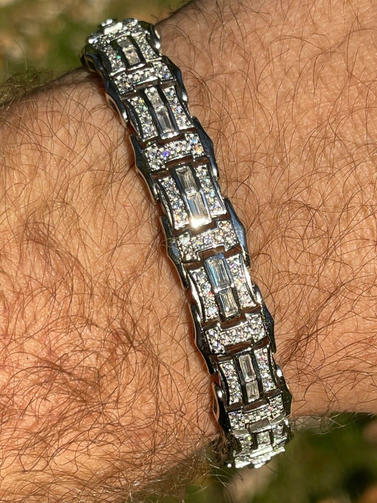 Men’s Real 925 Sterling Silver Iced Baguette Hip Hop Bust Down CZ Bracelet
