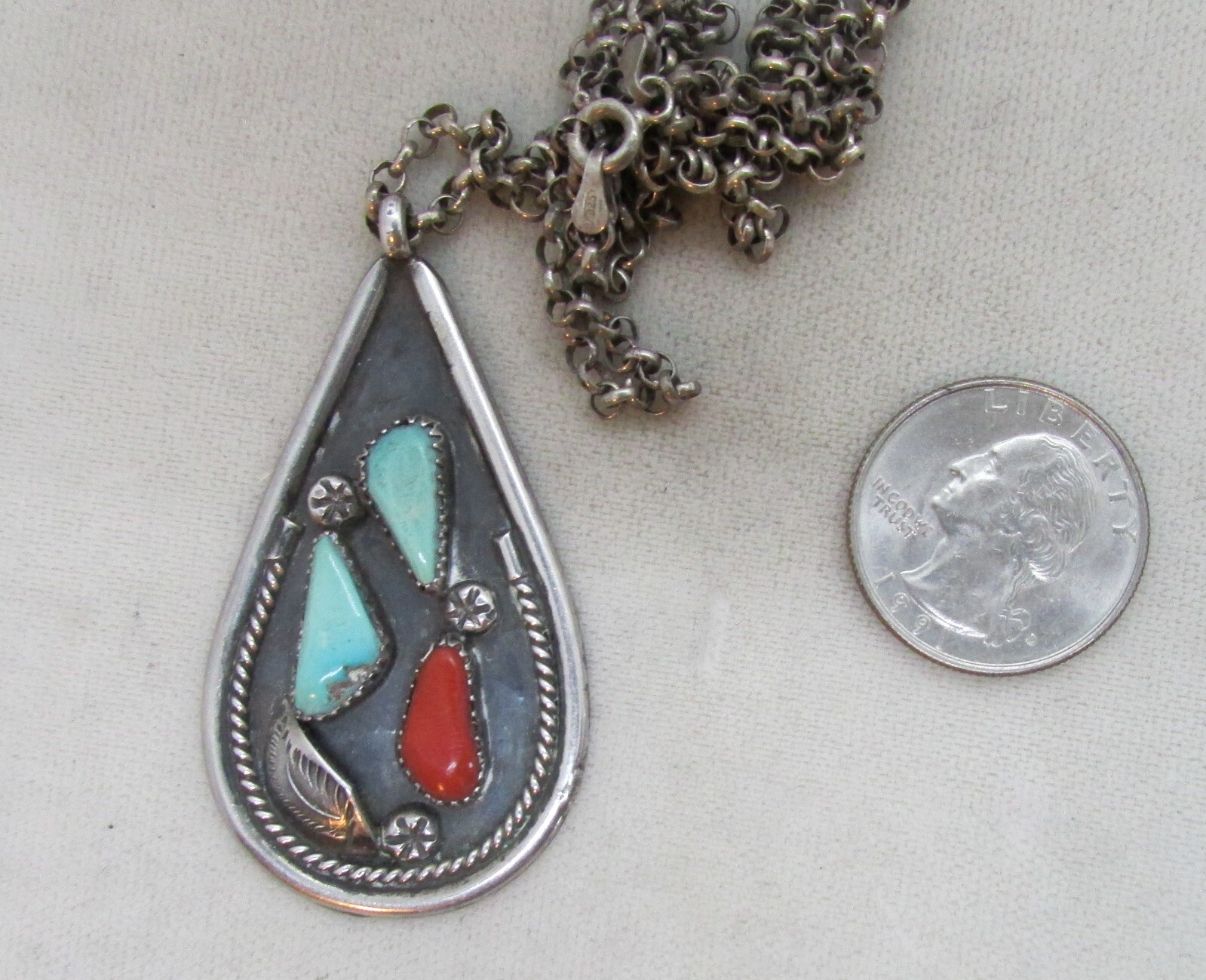 VTG SW N A TURQUOISE AND CORAL TEARDROP PENDANT W/26″ CHAIN—NEW PRICE–