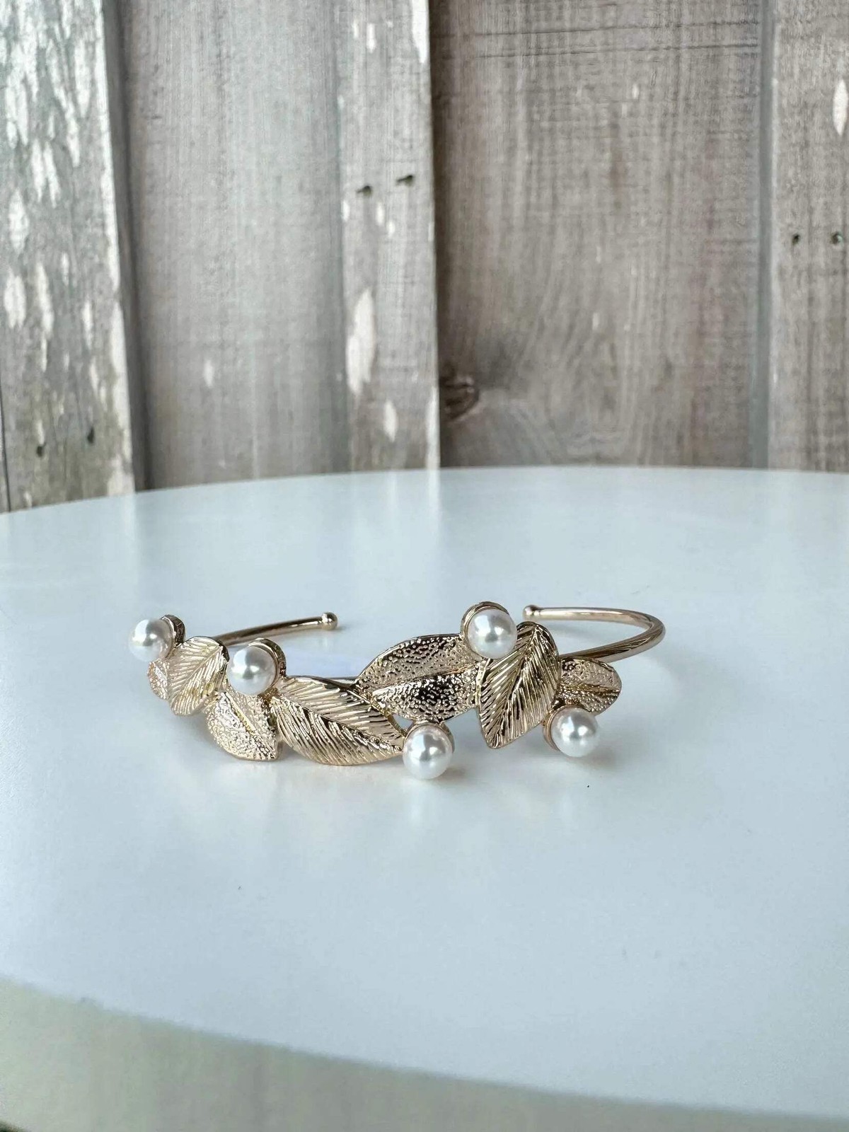 Everyday Wear Leaf Shape Metal Cuff Bracelet With Pearl