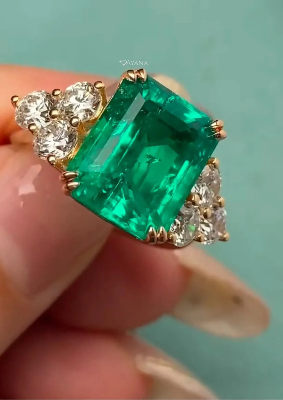 10.59 Ct Emerald Cut Natural Green Emerald & Diamond Wedding Ring 18K YellowGold