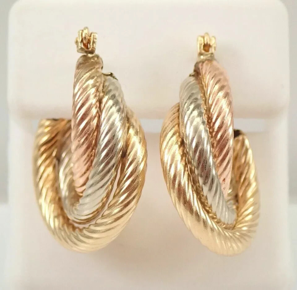 14K Yellow Rose White Gold Plated Silver TRI COLOR Hoop Earrings