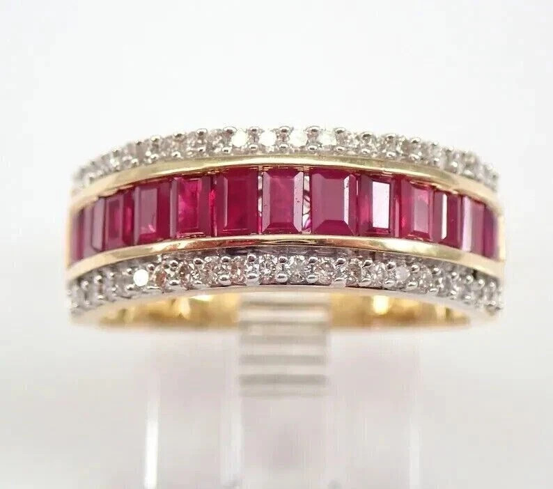 3.00 Ct Emerald Cut Natural Ruby & Diamond Wedding Ring 14K Yellow Gold