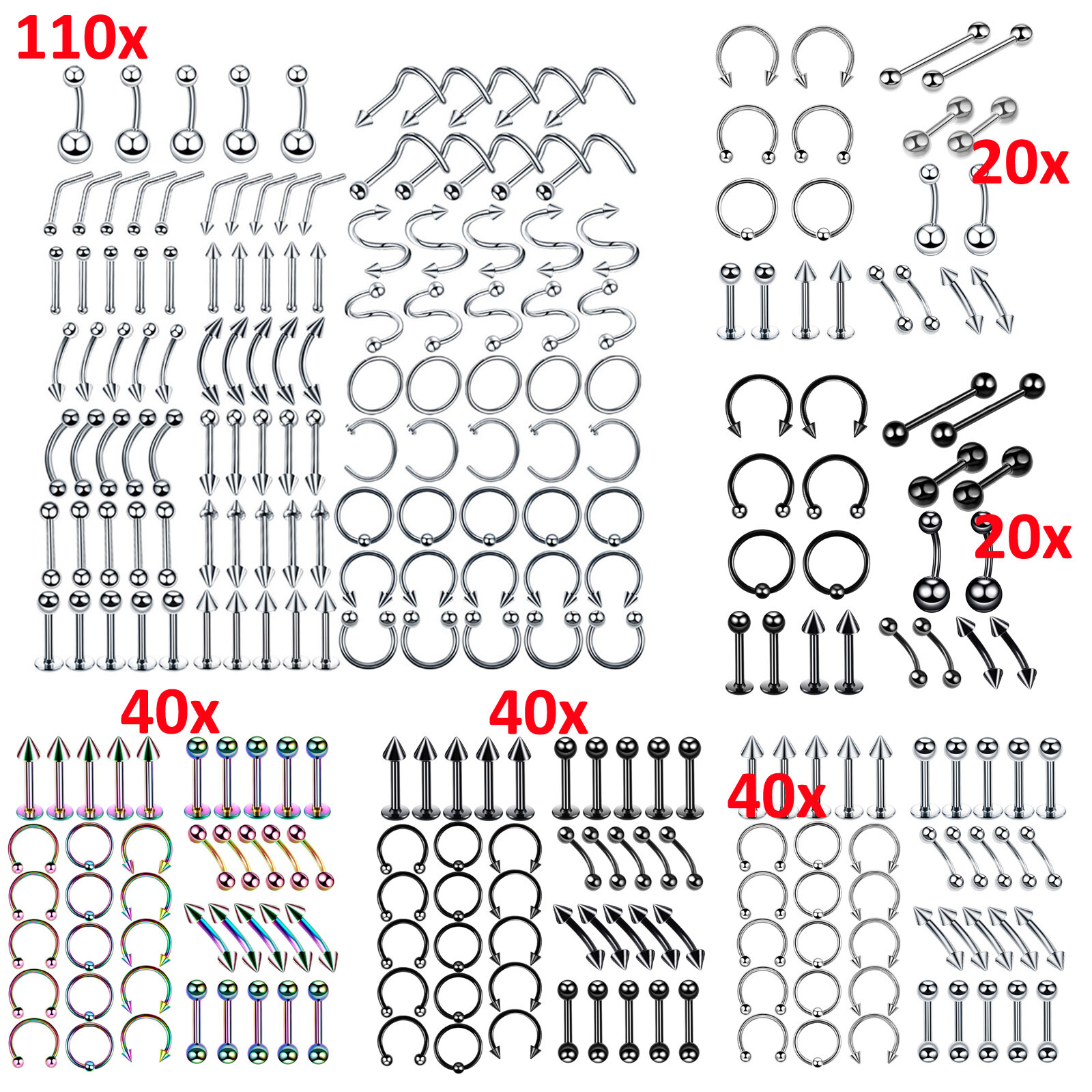 14G 16G Body Piercing Kit 20-60PCS Navel Nose Rings Lip Tongue Eyebrow Ear Studs