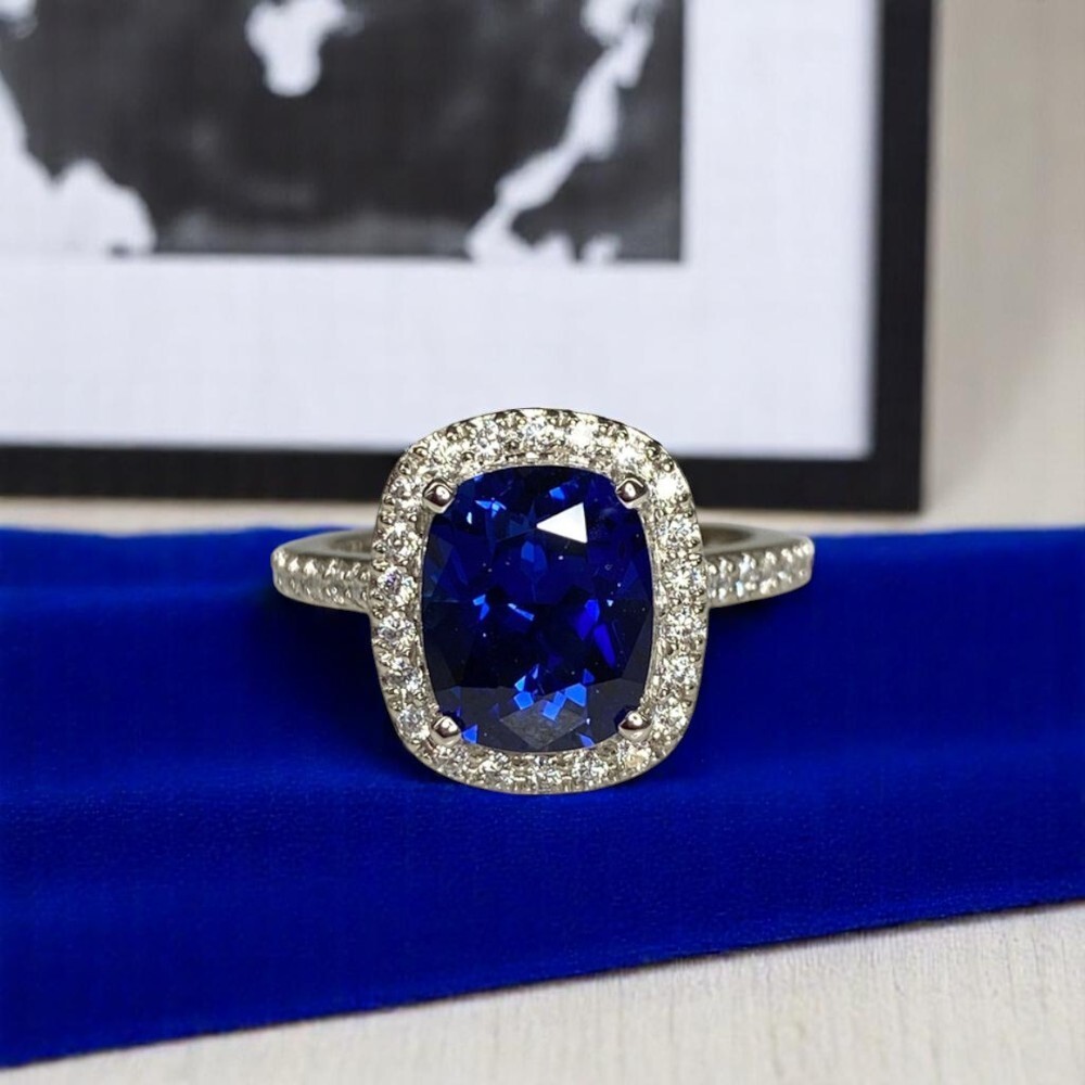 Wedding 950 Platinum Ring 3.70 Ct Lab Created Diamond Cushion Cut Blue Sapphire