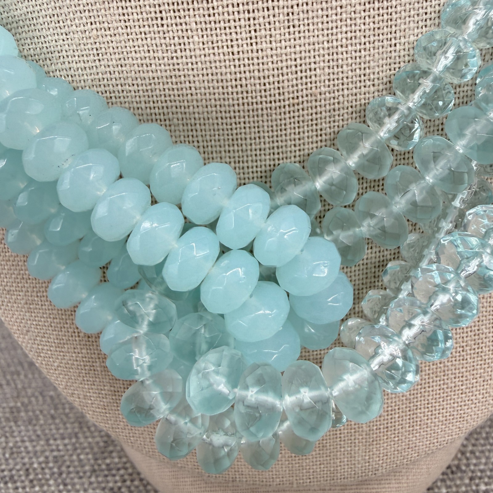 Acrylic Necklace Multi Strand Frosted Clear Blue Beads Looped 17 Inches