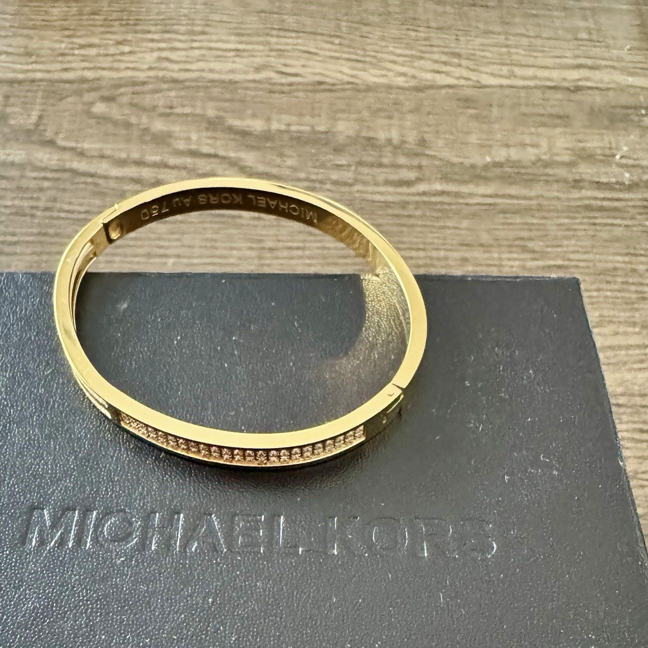 Michael Kors Gold Tone Pavé White Crystal Hinged Bangle Cuff Bracelet AJ750