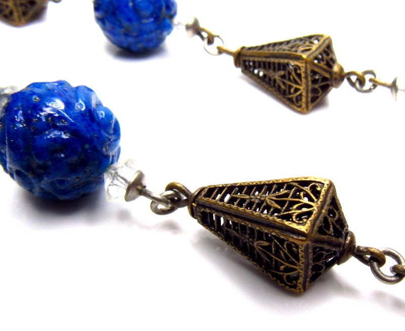 Art Deco Neiger Carved Lapis Glass Necklace