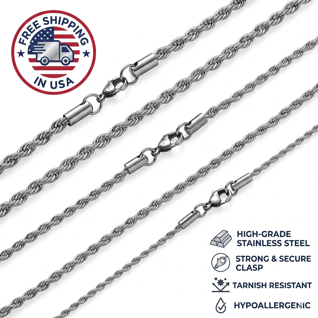 2-6MM Stainless Steel Rope Chain Necklace Waterproof Never Fade 16-30in