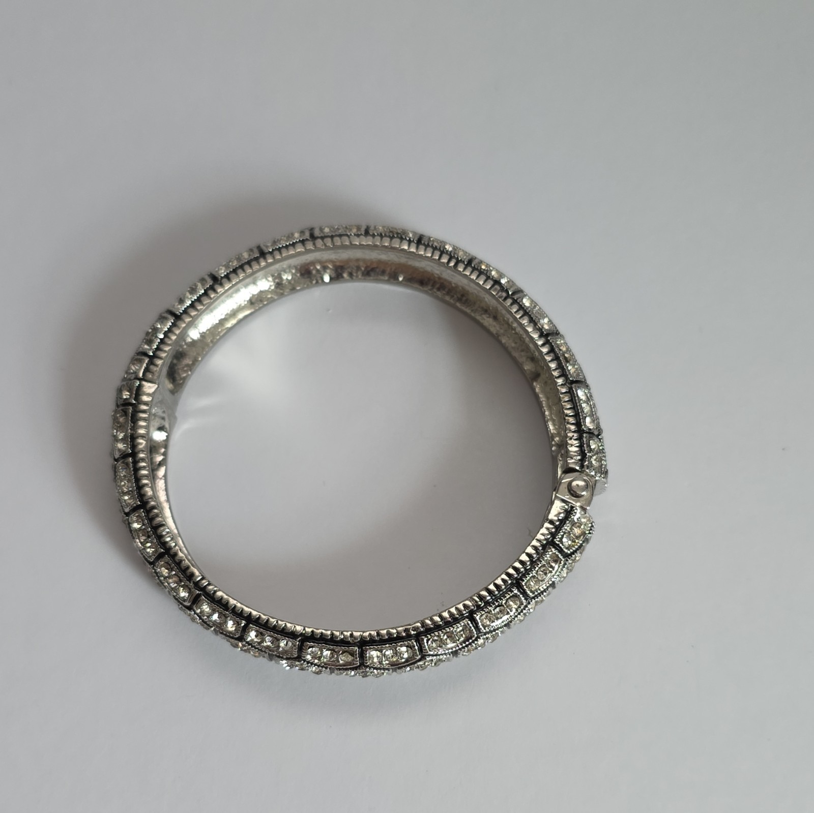 Natasha Bangle Bracelet Rhinestone Silver Tone Hinged Glam Statement