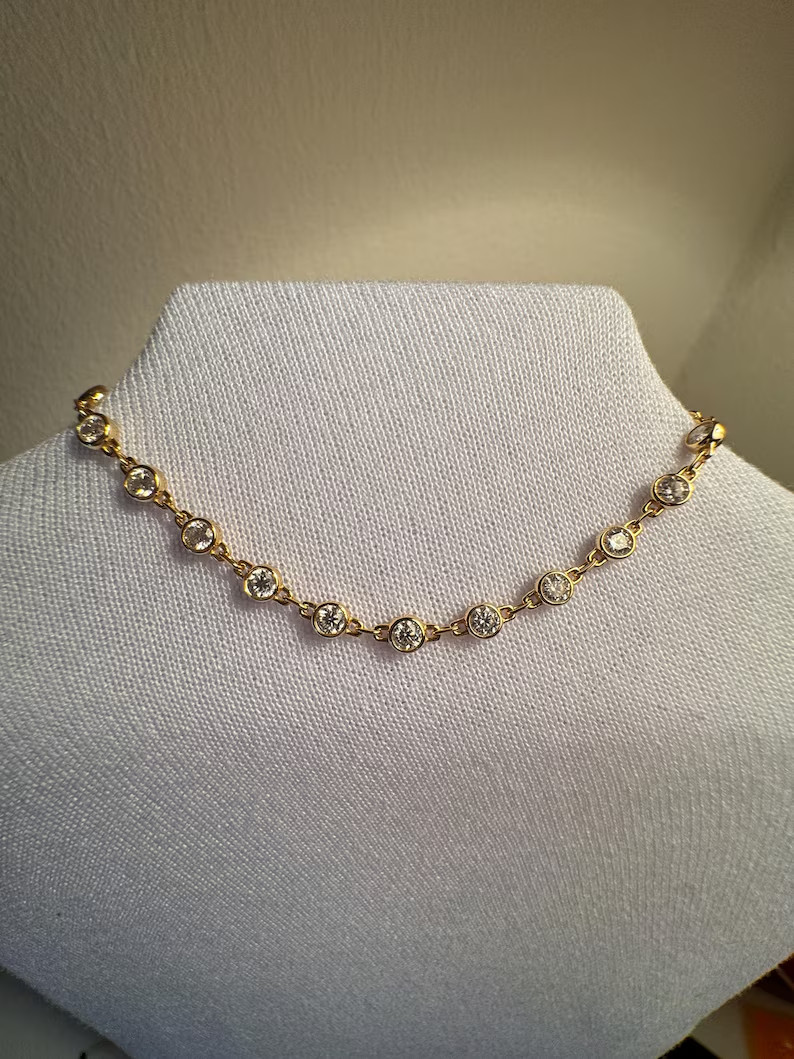 Women’s Natural Round Cut Diamond Bezel Station Necklace 18” 14K Yellow Gold