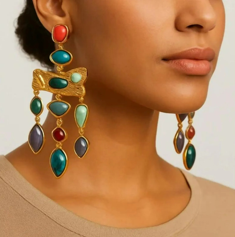 Vintage Boho Multicolor Gold Statement Stone Earrings Birthday gift Vacation