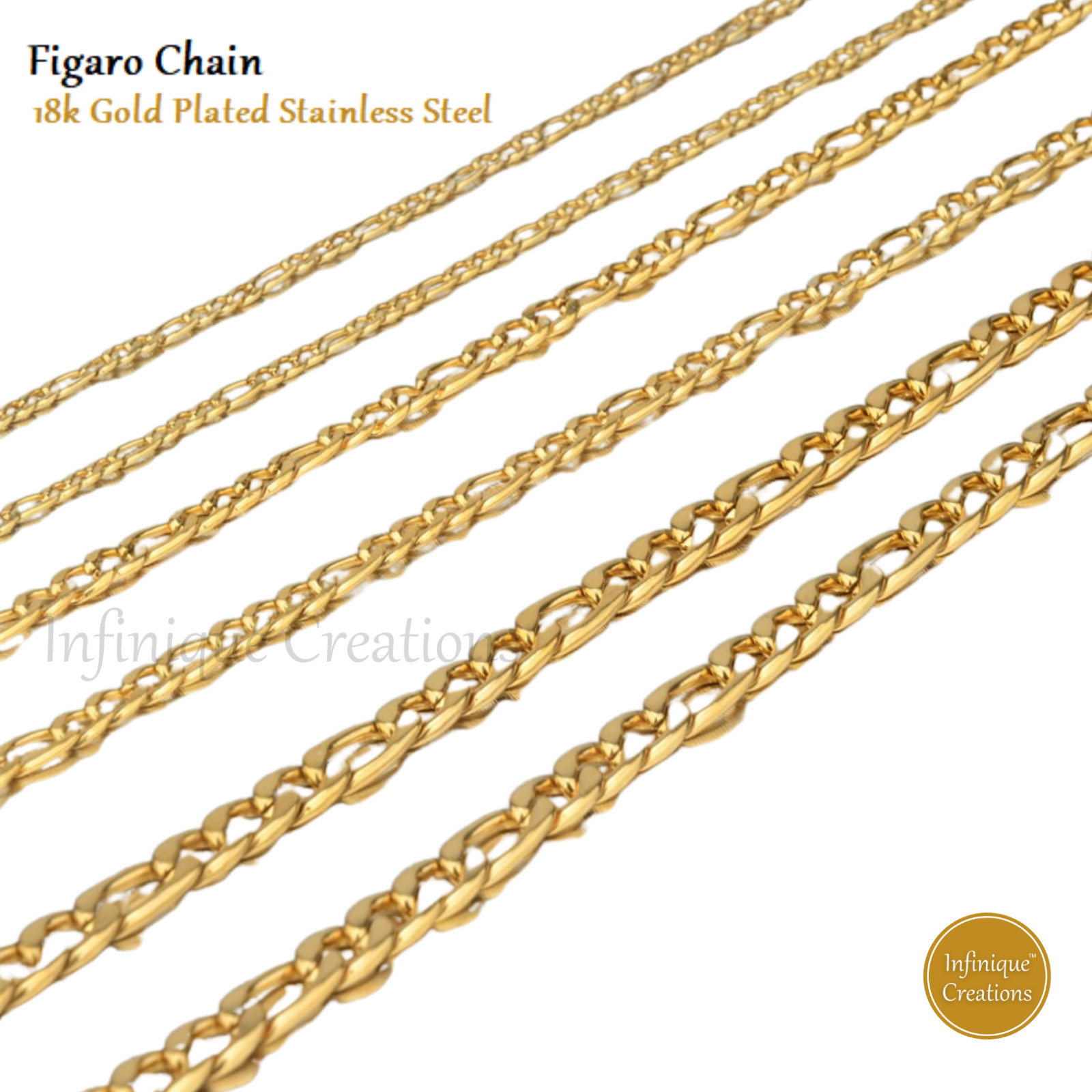 18K Gold Plated Stainless Steel Figaro Chain Bracelet Necklace 7-38″ 3-12mm