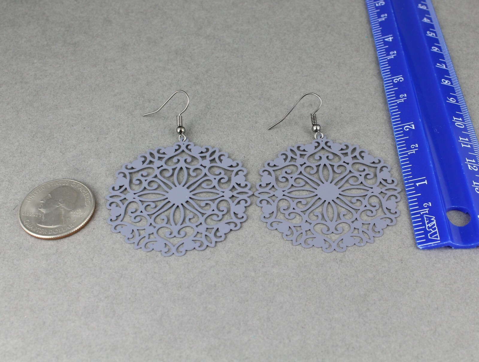 Grey round earrings cut out lace filigree scroll circle 2.5″ long very Light