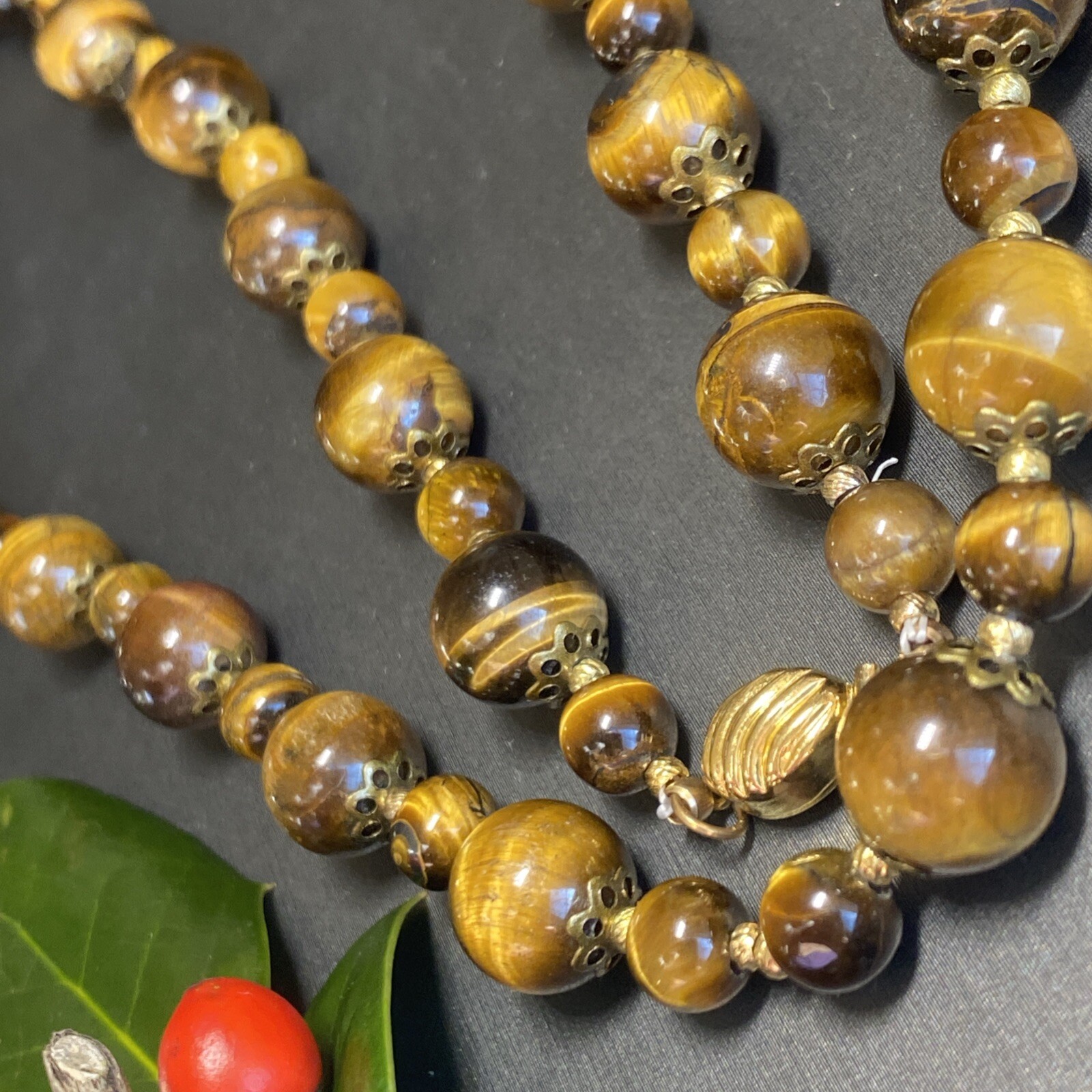 Vintage Tigers Eye Necklace Estate Fine Jewelry Pre-Owned Floral Filigree 25″