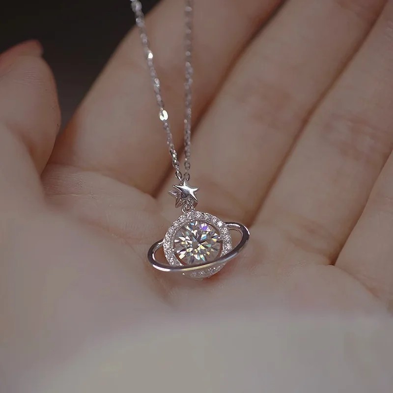 925 Sterling Silver Planet Necklace Women Pendant Choker Birthday Gift