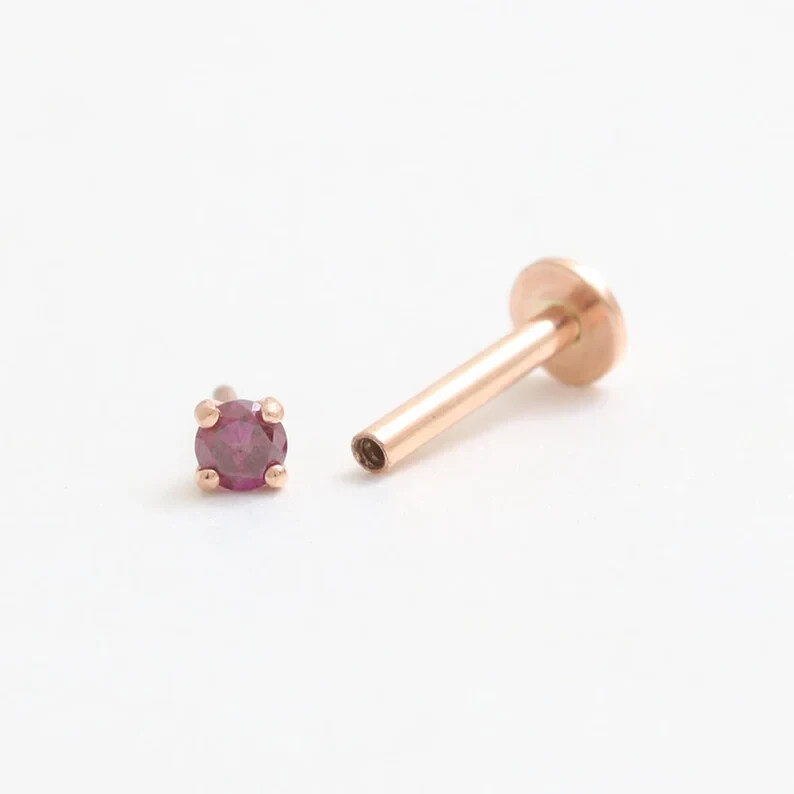 Real 0.04Ct Round Cut Red Ruby Nose Stud Screw Ring Piercing Pin 14K Rose Gold