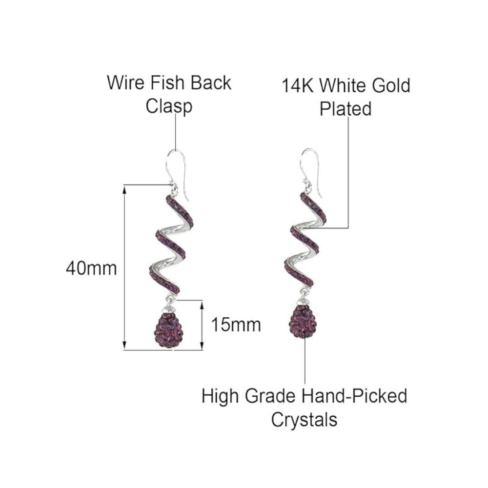 14K White Gold Plated Amethyst Spiral Shape Crystal Drop Dangle Hook Earrings