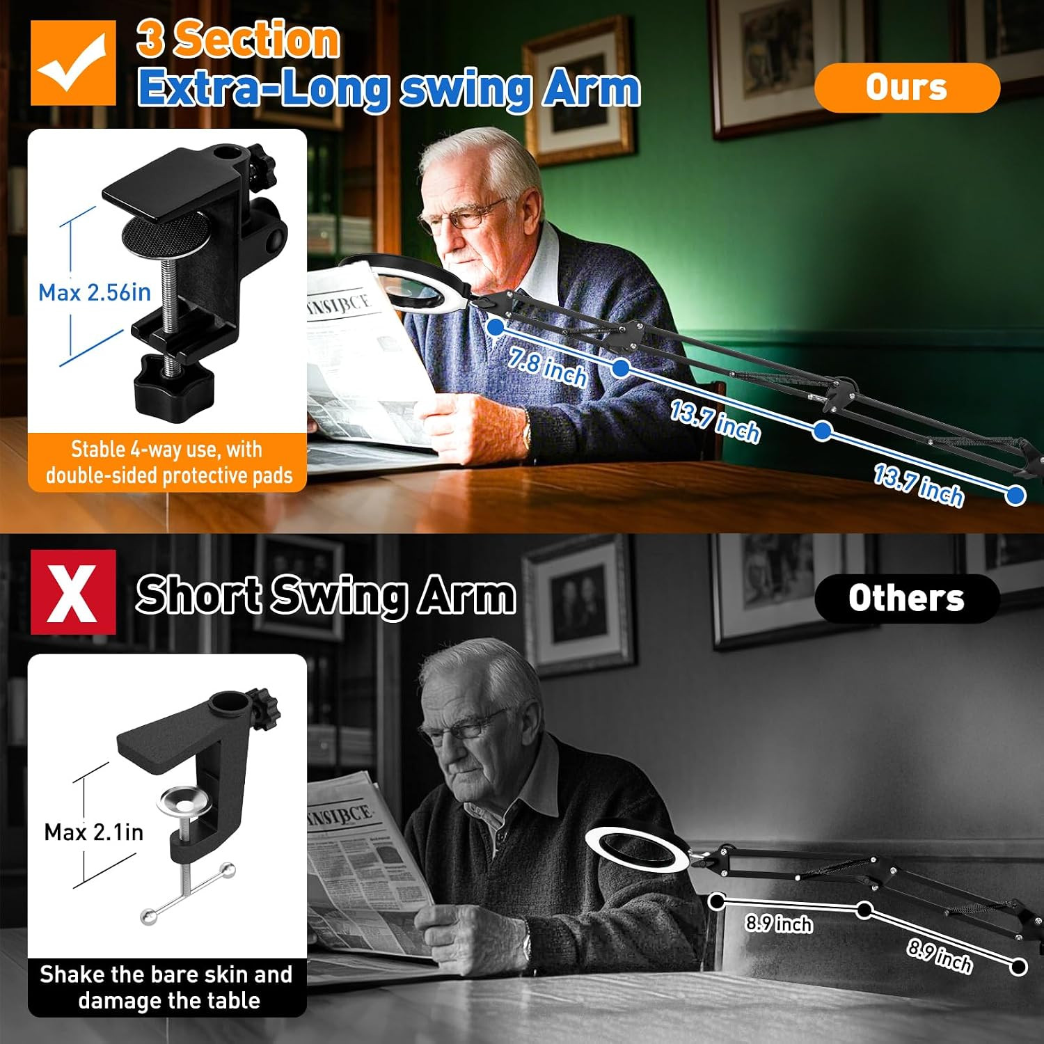 Ultra Long 3-Section Swing Arm 12X 30X Magnifying Glass with Light and Stand, 4-