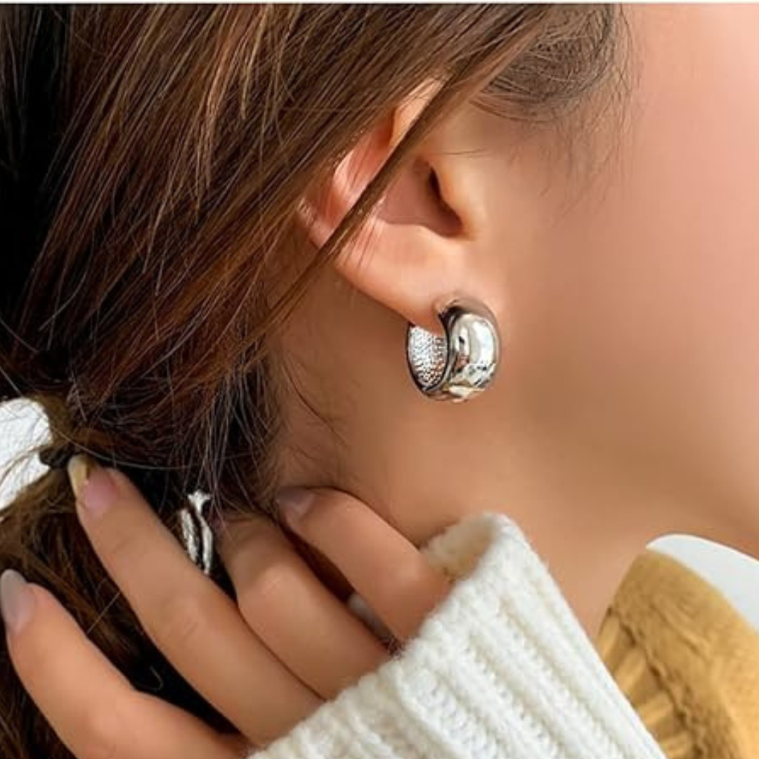 Silver Chunky Hoop Earrings Thick Huggie Hoops for Women