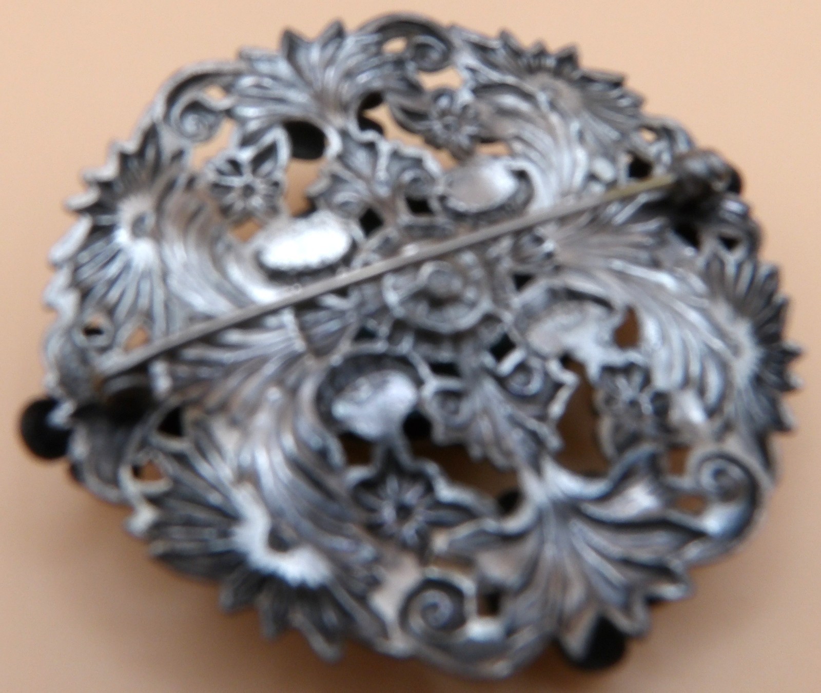 Czech Silver Faux Turquoise Blue Glass Round Brooch-Czech Republic