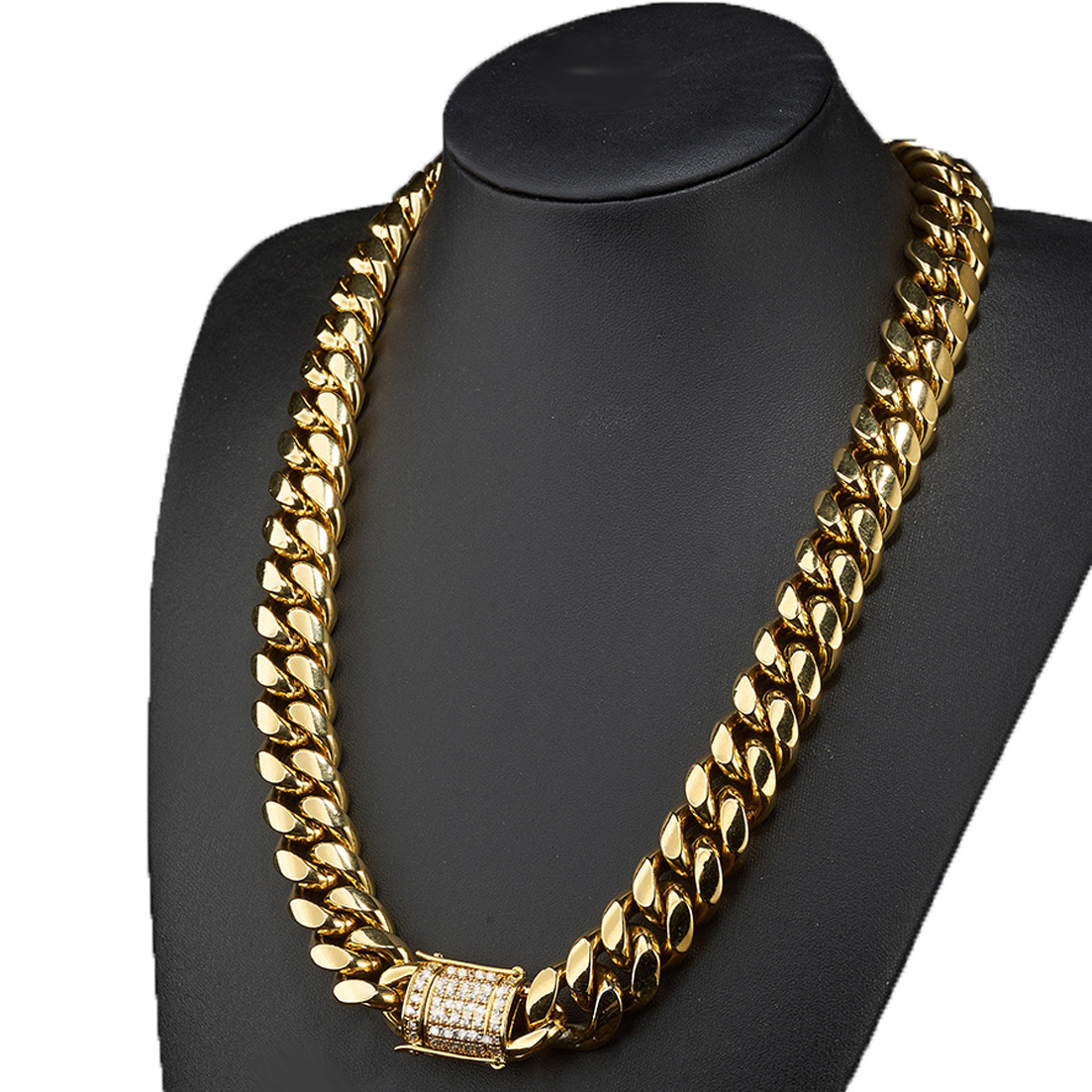 Miami Cuban Link Chain Necklace Rhinestone Clasp 18K Gold Plated Stainless Steel