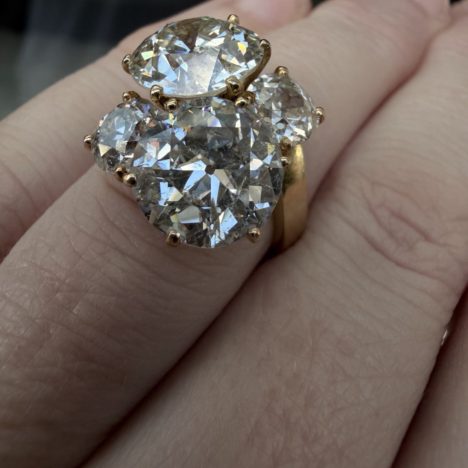 Over 9 Carat Two Old European Cut Diamond 2 Old Mine cut Diamond 18k Ring French
