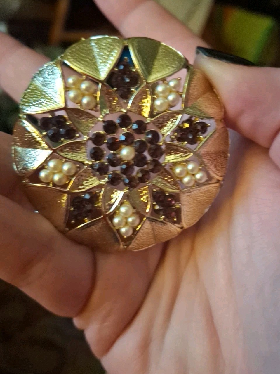 Vtg Unsigned Faux Pearl Purple Rhinestone Statement Brooch Pin Domed Goldtone