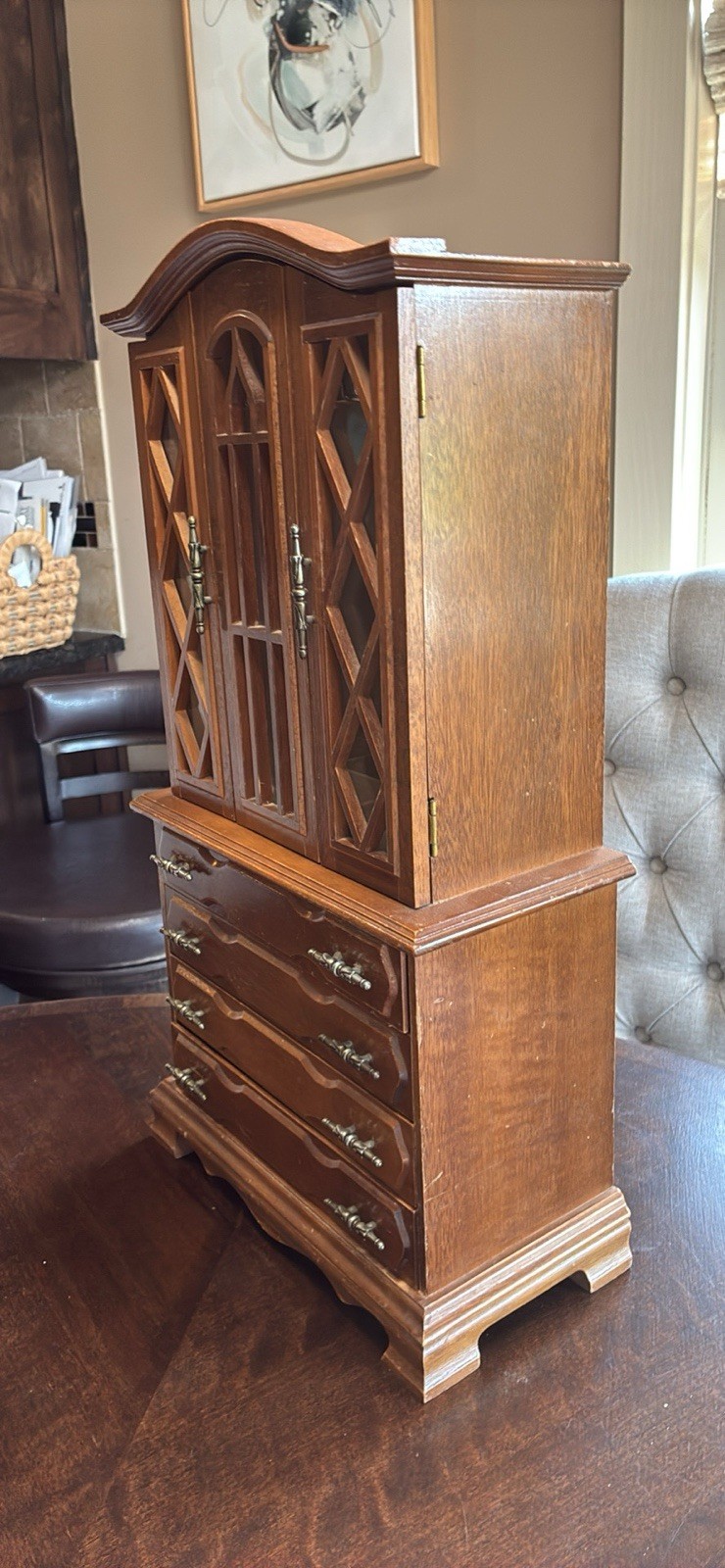 Brown Wood Jewelry Box Armoire w/ Mirror, Velvet Lined Drawers, Ring Storage