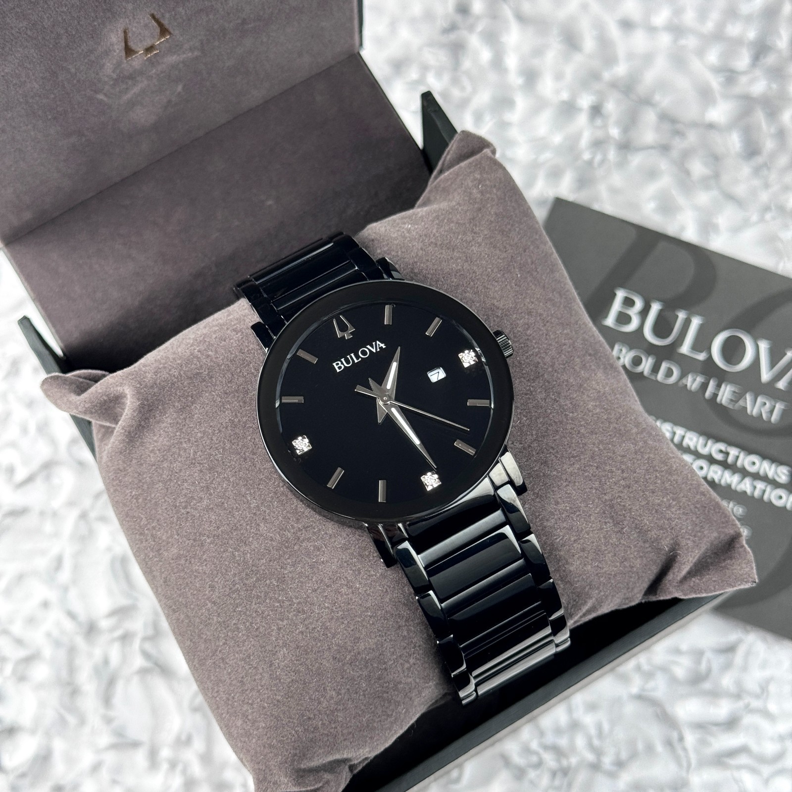 Bulova Modern Futuro Men’s Quartz Calendar Black Stainless Steel Watch 98D144