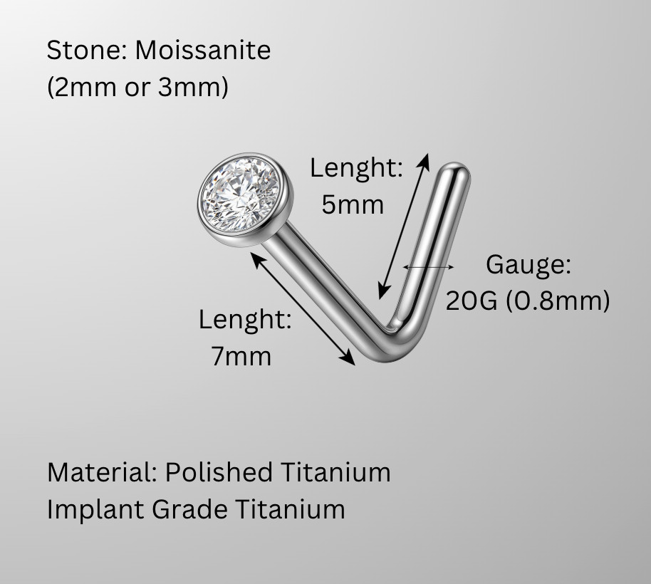 Implant Grade Titanium L-Shape Nose Ring Moissanite (2mm or 3mm) 14k Gold Plated
