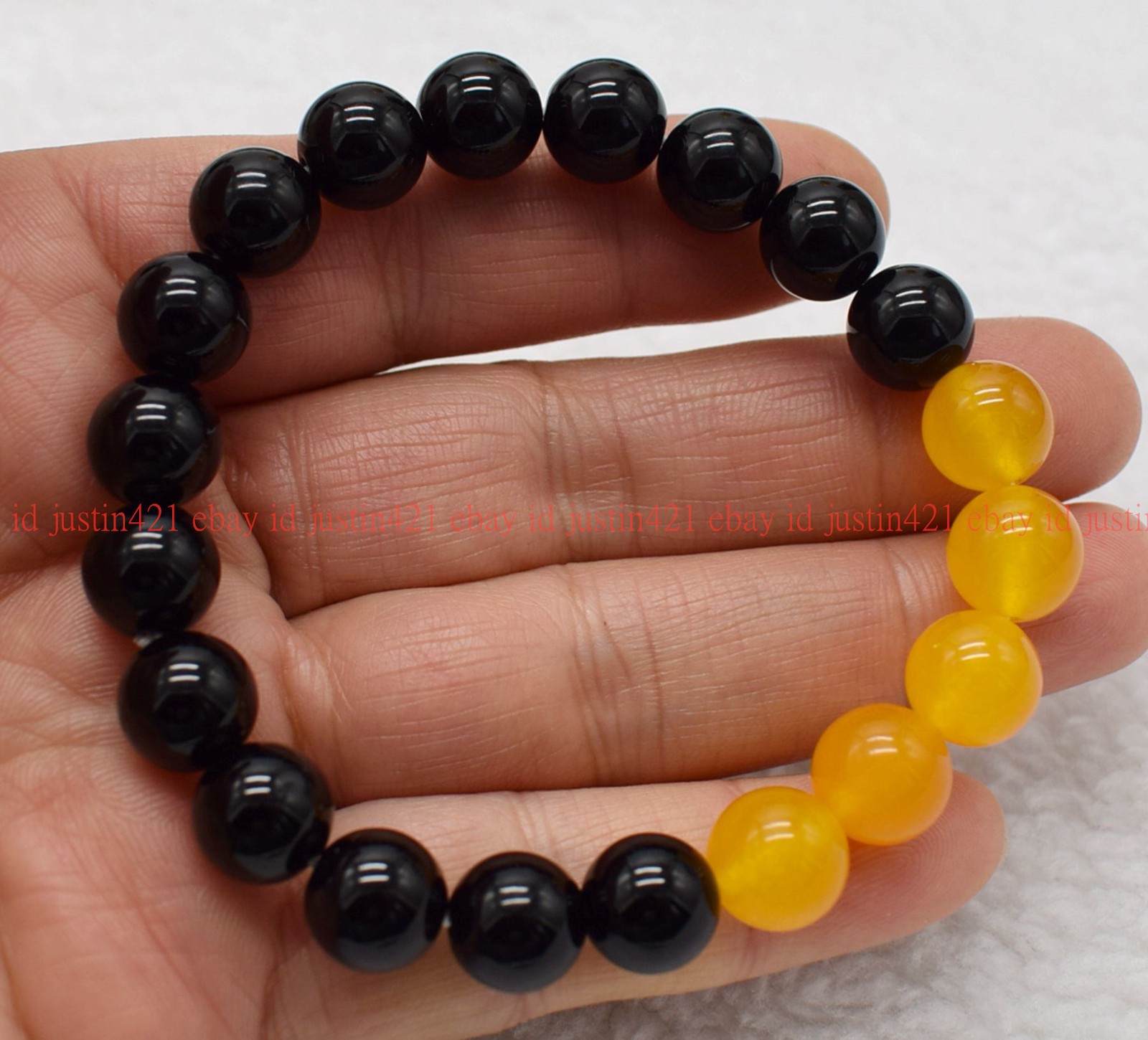6/8/10/12mm Yellow Topaz Round Gems & Black Agate Necklace Bracelet 18/7.5″ AAA