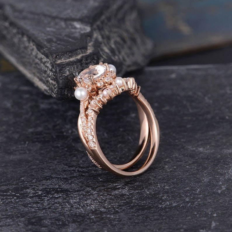 Natural Round Cut Moonstone & Pearls Rose Gold Plated Silver Engagement Ring Set