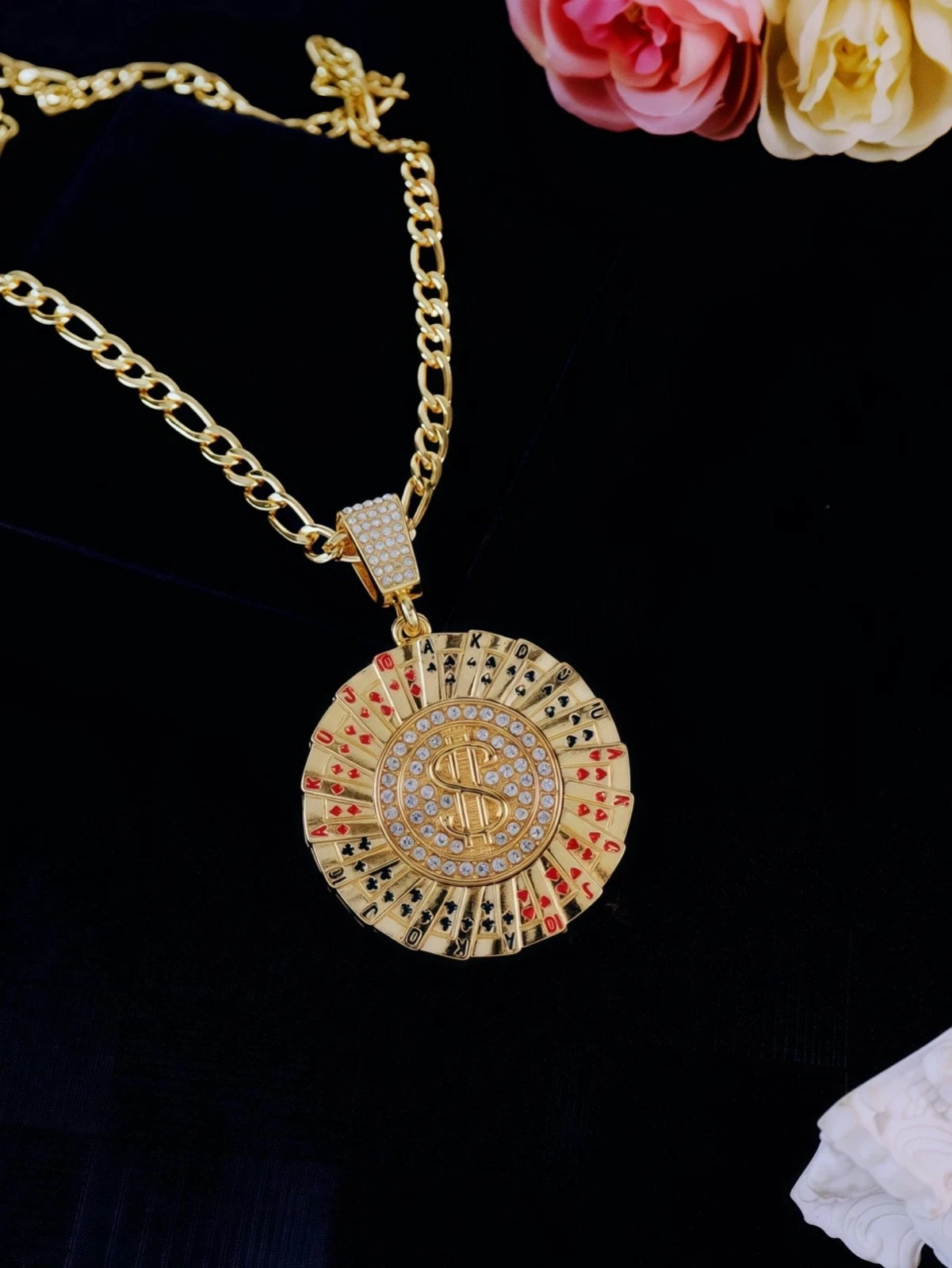 Gold Roulette Spinning Center /Casino Poker Cards Pendant Necklace Cuban Chain
