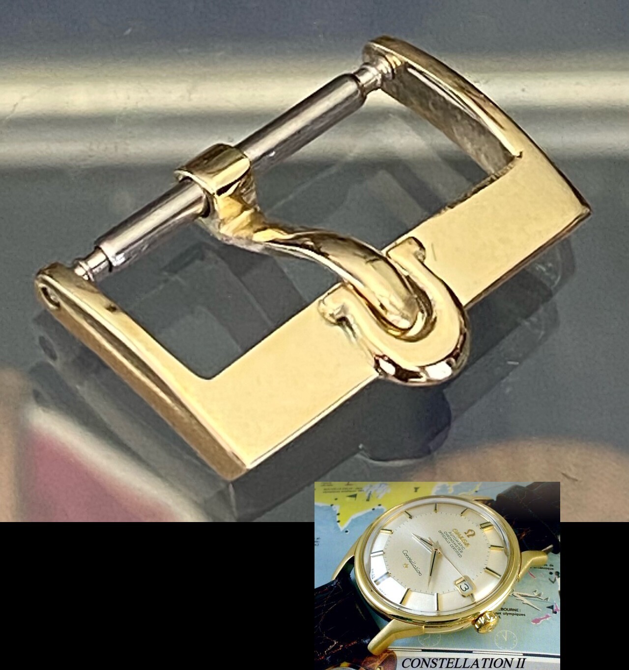 Vintage Omega 18k Gold .750 fine 16mm Logo Buckle C:1968