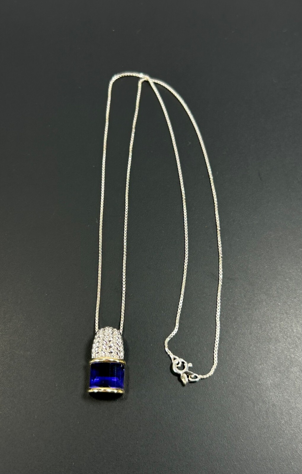 925 Sterling Silver Gold Tone Necklace Faceted Cobalt Blue Glass Pendant ITALY