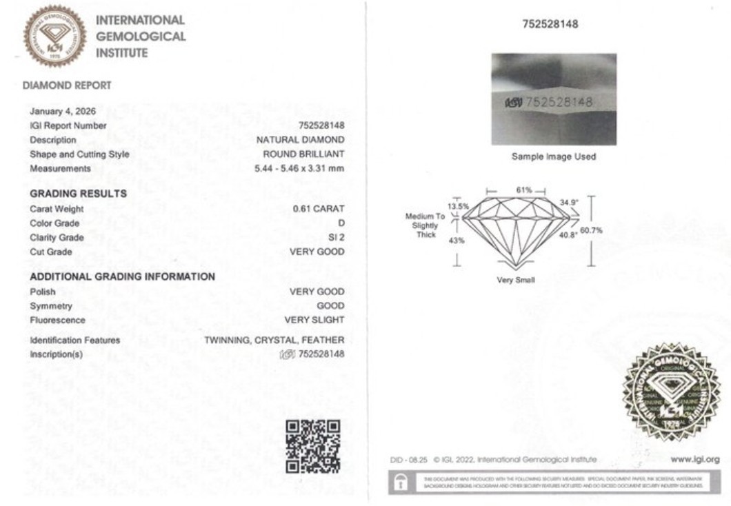 0.61ct Natural Round Brilliant Cut Diamond D SI2 IGI Certified Laser…