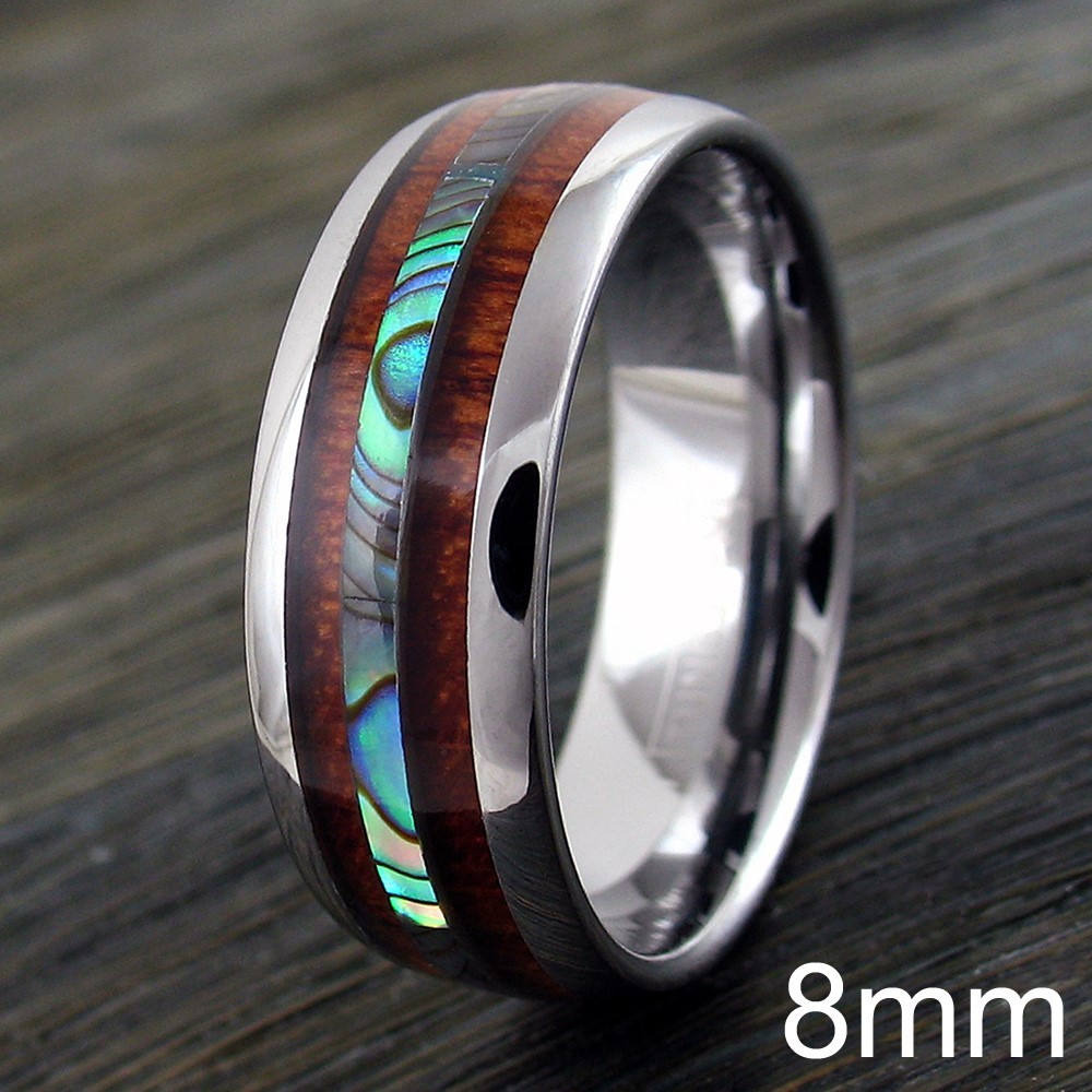 6/8mm Tungsten Men’s Hawaiian Koa Wood & Abalone Wedding Band Ring-Engraving TW
