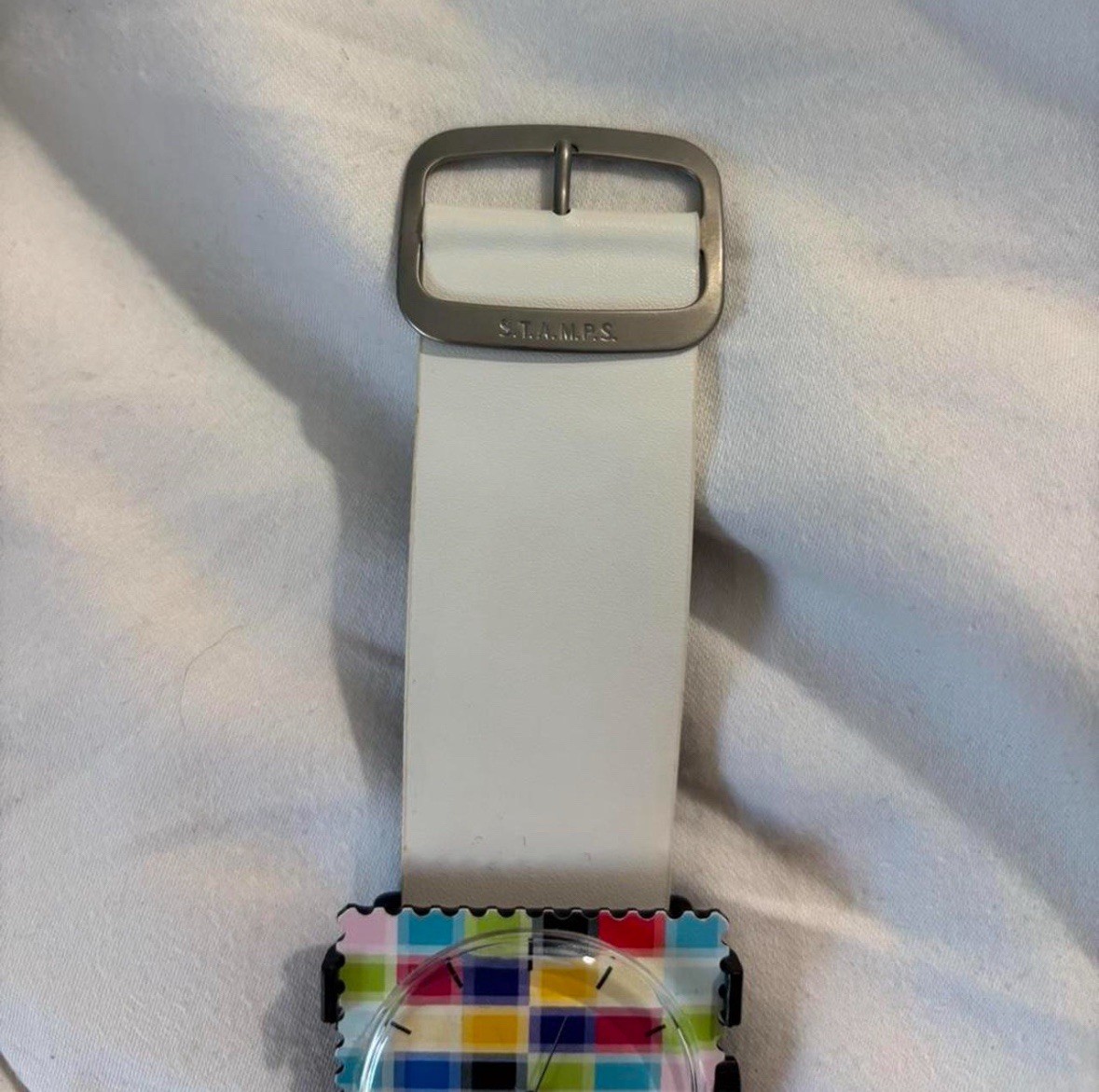 S.T.A.M.P.S. Quartz Analog Wristwatch Square Black Case White Leather Strap
