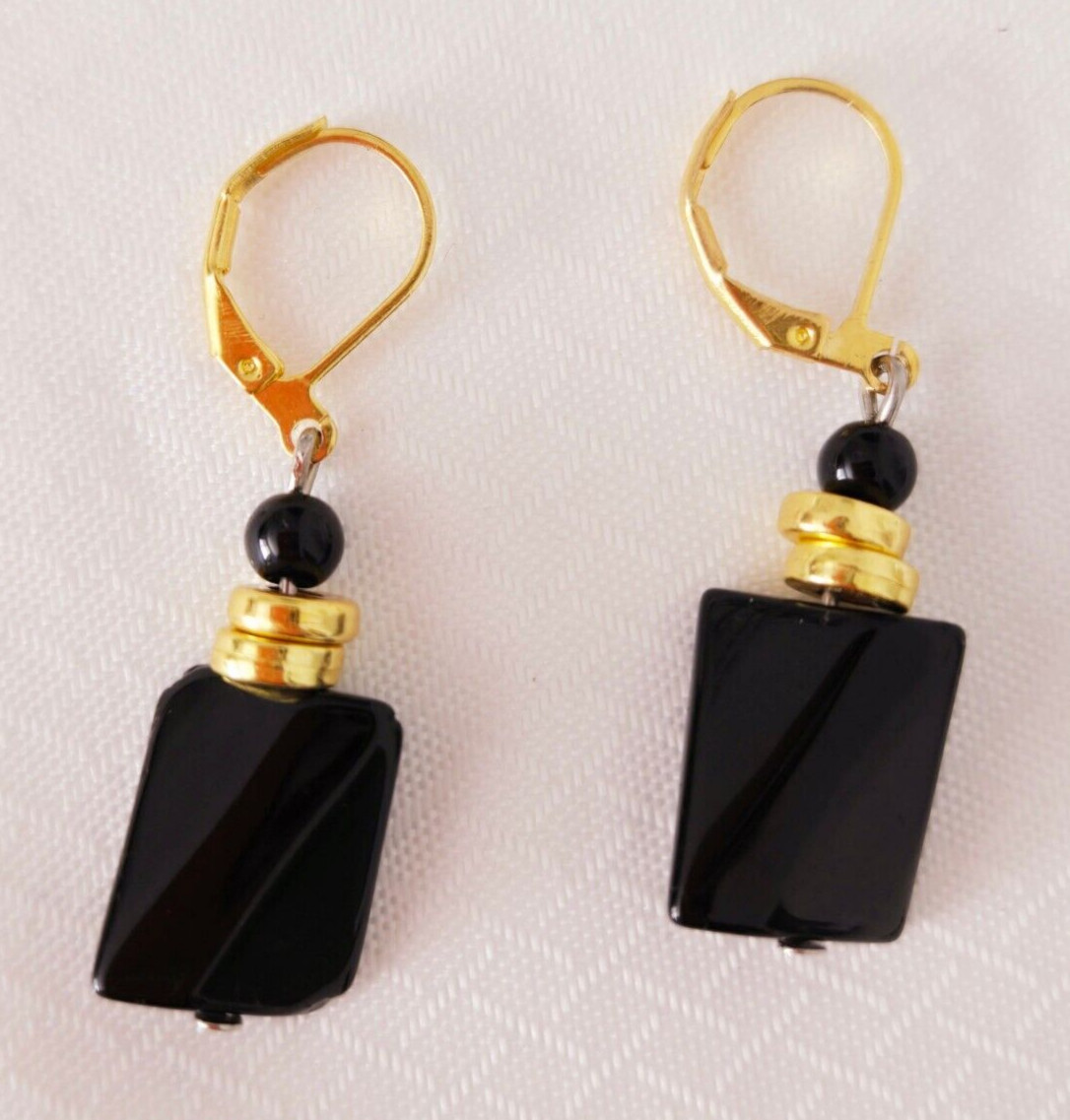 Black Twist Rectangular Onyx Earrings, Made in USA, Handmade Earrings, Free ship