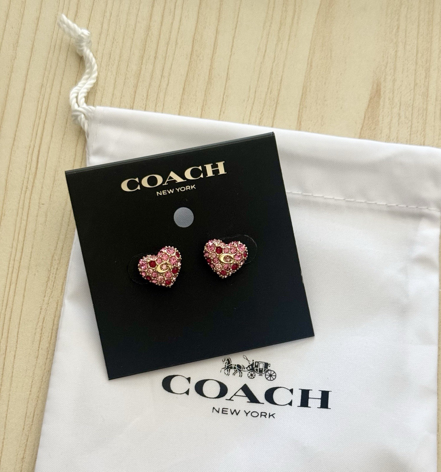 NWT Coach Pavé Heart Stud Earrings with dust bag Gold/Pink Limited Edition