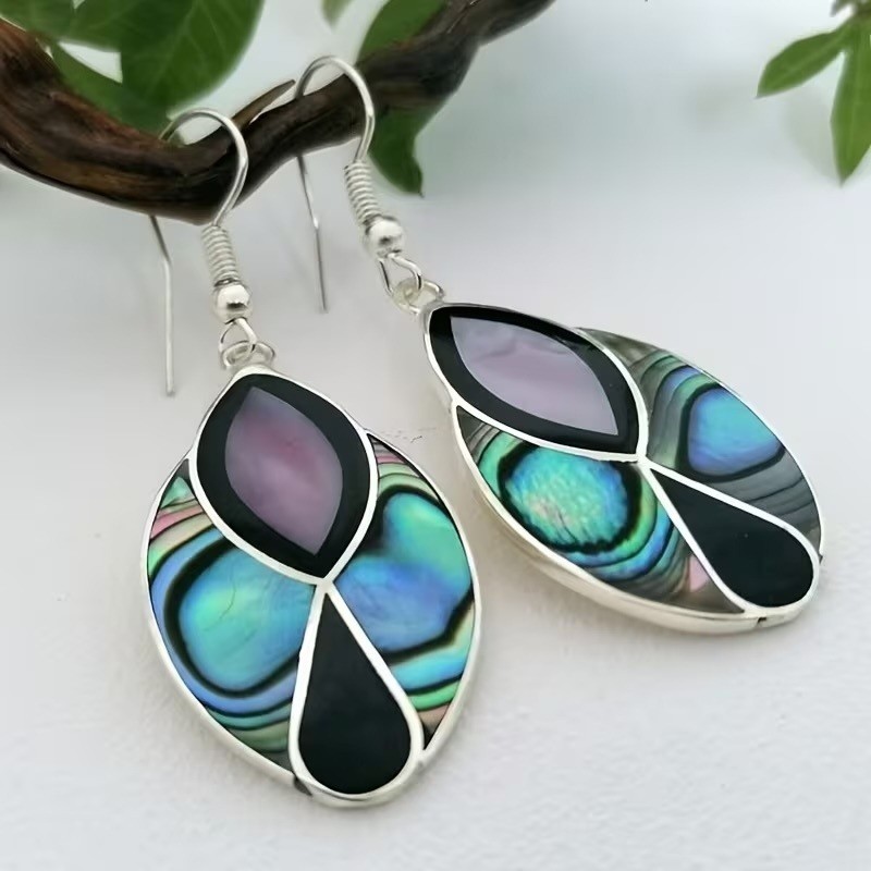 Faux Abalone Shell Black Inlay Drop Earrings Silver Tone Iridescent 1.77″