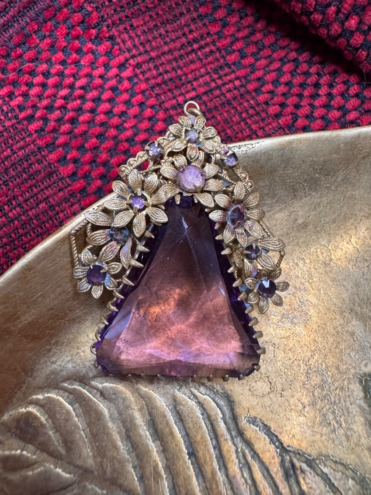 RARE Vintage Czech Amethyst Glass Filigree Flower Triangle Pendant Art Deco 50s