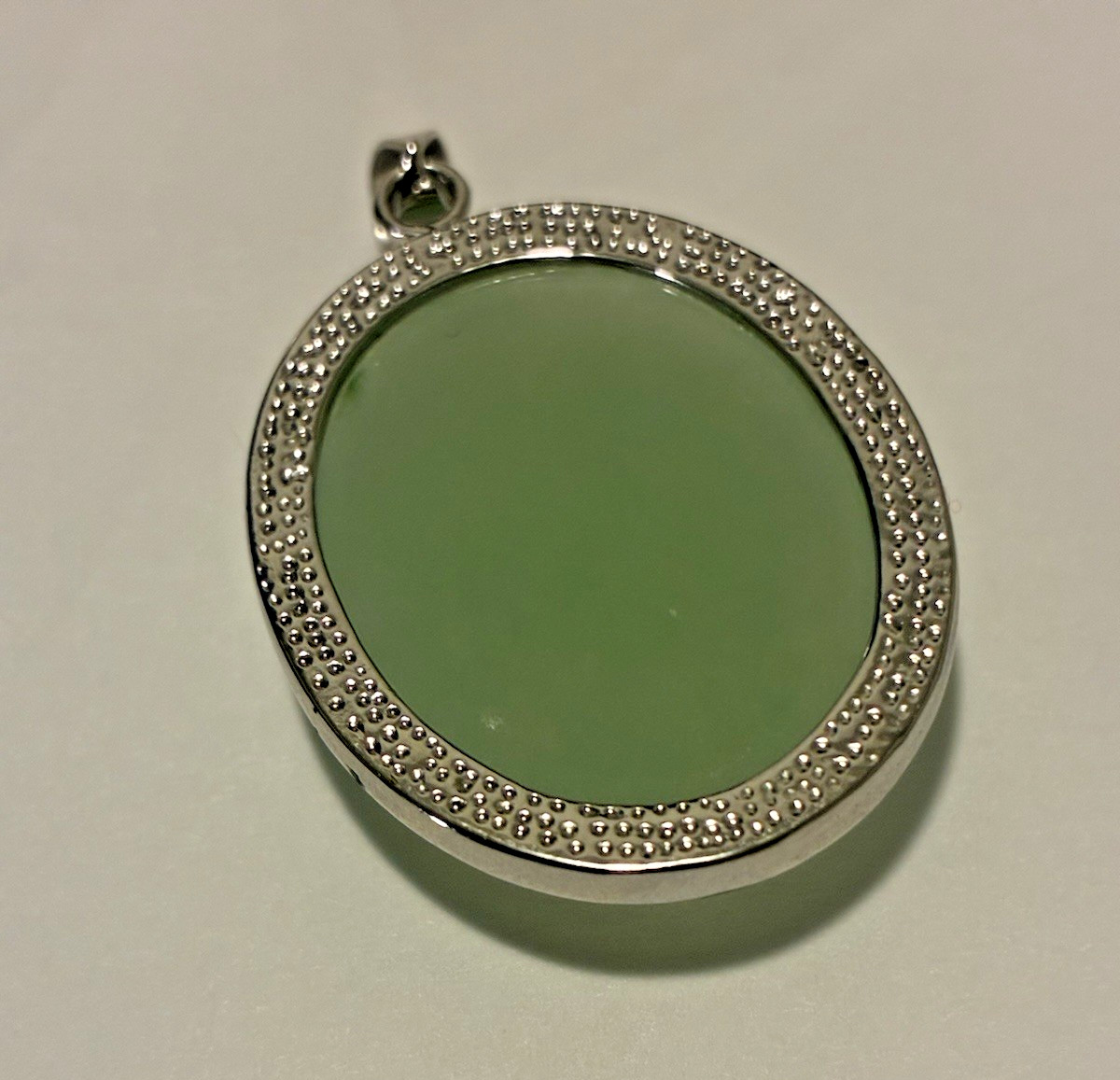 Large Light Green Oval Jade Pendant, Simple, Elegant, 30×23 mm, White Gold Tone