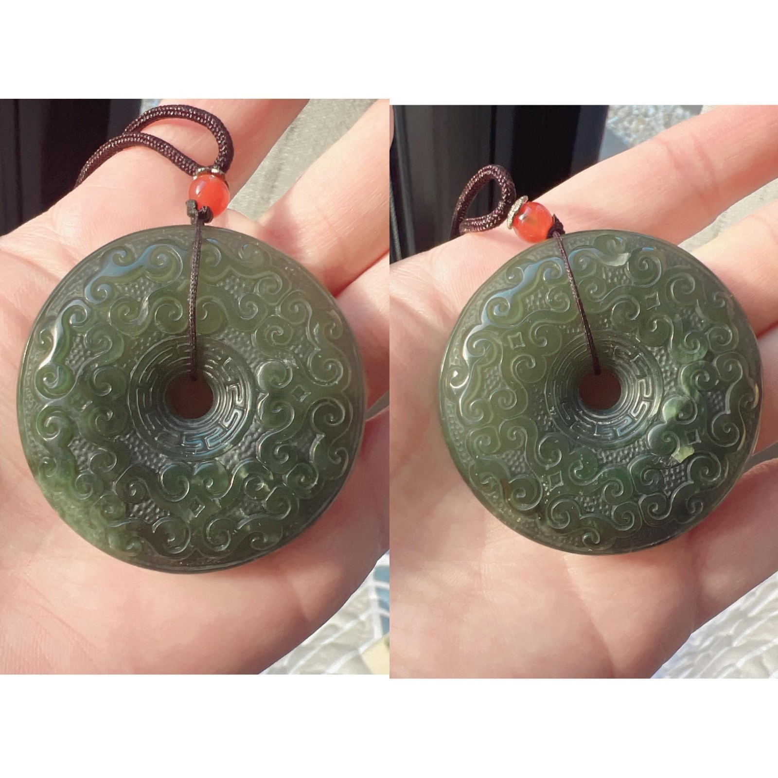 Certified Natural Hetian Green Jade Carved Big Round Pendant Necklace