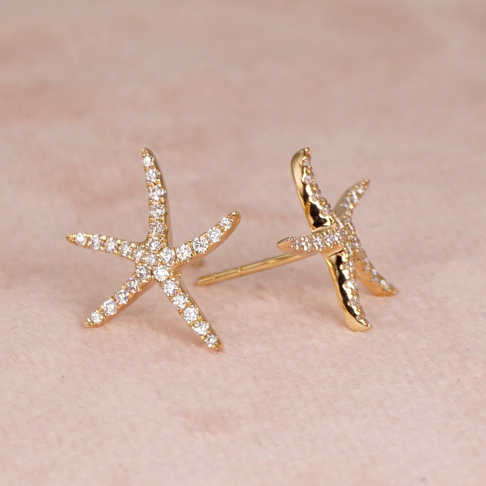 14k Solid Yellow Gold Natural Diamond Starfish Stud Earrings Pair
