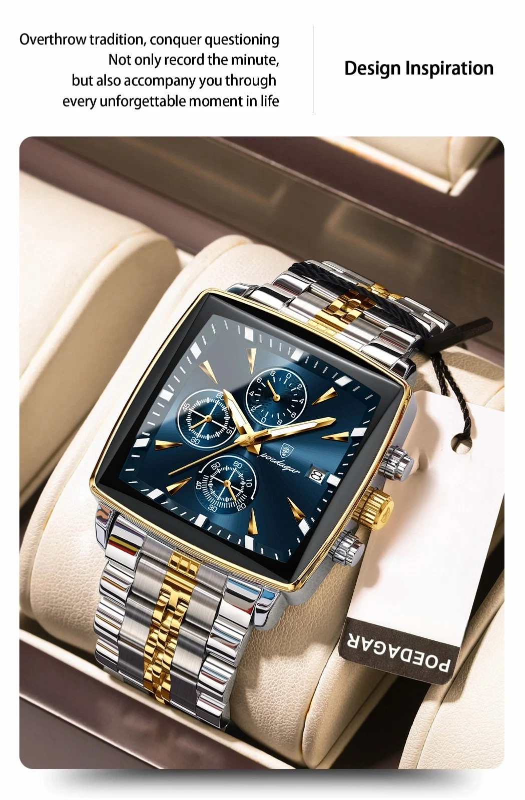 Luxury Men’s Watch Square Stainless Steel Waterproof Luminous Chrono